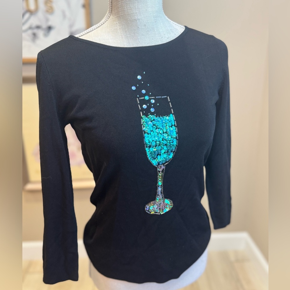 SWEATERWORKS Sequin Champagne Black Ribbed Sweater